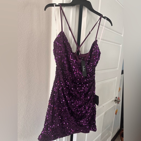 A Lulus Chance to Shine Purple Sequin Faux-Wrap Bodycon Mini Dress. - Picture 5 of 5